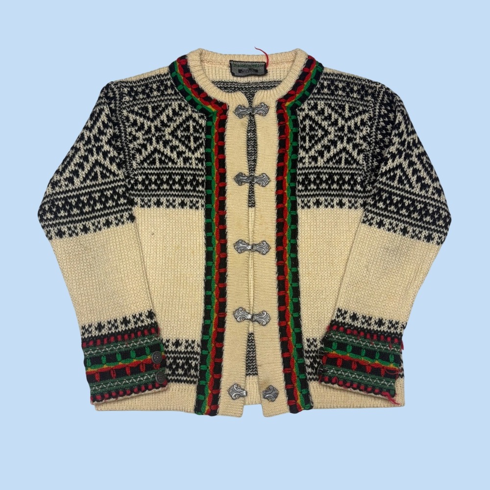 Nordstrikk Norway Wool Cardigan Sweater Nordic Fair Isle Pewter Clasps Cream